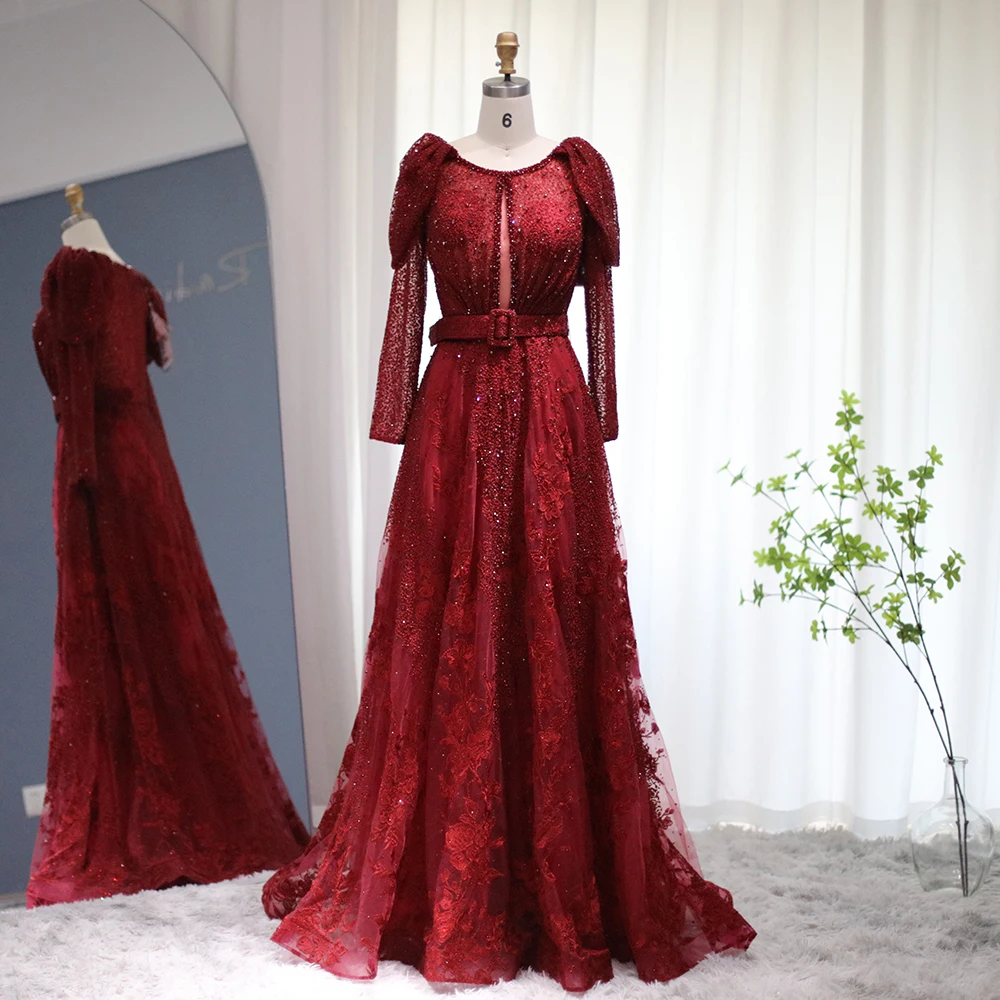 

Jancember Dubai Pink Muslim Evening Dress With Belt Elegant Blue Long Sleeve Plus Size Women Wedding Party Gown Scz165
