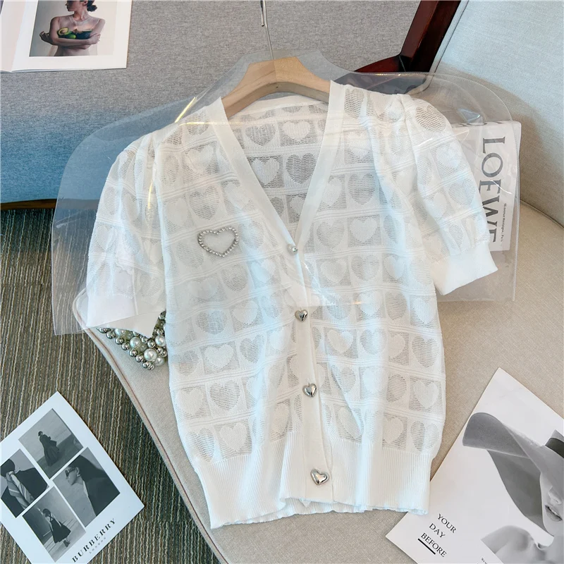 

White Love Ice Silk Knitted Cardigan Women Summer Korean V-neck Hollow Out Puff Short Sleeve Sweater Ladies Knitwear Tops Jumper