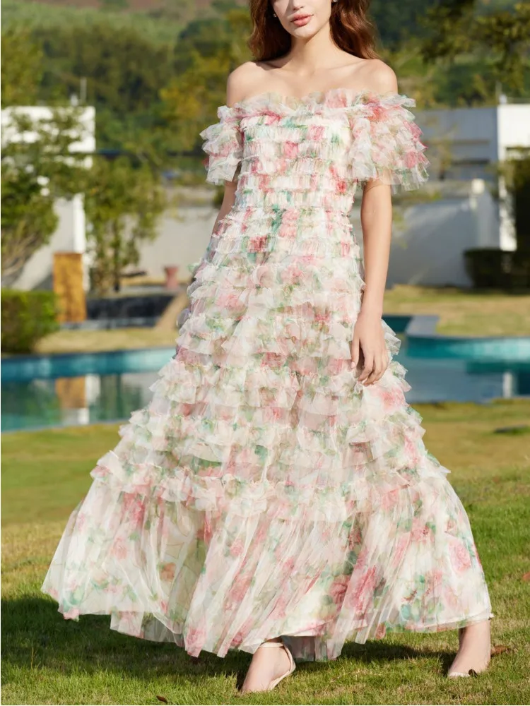 

ILYBOOJUN Floral Sweet Elegant Women's Mesh Dress Slash Neck High Waist Edible Tree Fungus Casual Midi Cloth New Summer 2024