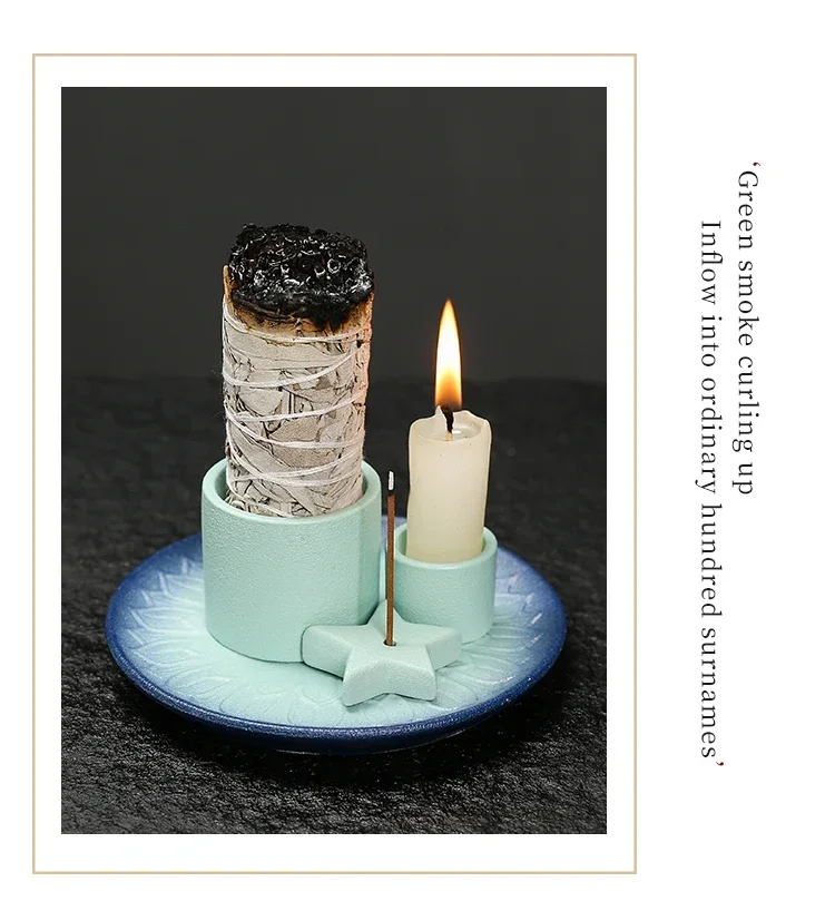 Description Picture 3 of item1pc Ceramic Incense Burner Set - 4-in-1 Handcrafted Incense Stick & Palo Santo Holder with Smudging Tray, Elegant Bohemian Decor