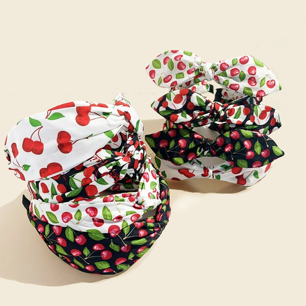 عصابات شعر بطباعة الكرز والفواكه الحلوة للنساء والفتيات على شكل أذن كورية على شكل متقاطع وإطار ناعم وإكسسوارات طوق الشعر للصيف