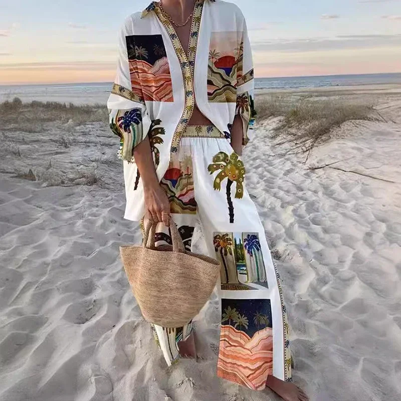 Elegant Printed Vocation Beach Set Fashion Lapel Button Shirt & Long Pants Outfits Women Causal Long Sleeve Loose Two Piece Suit