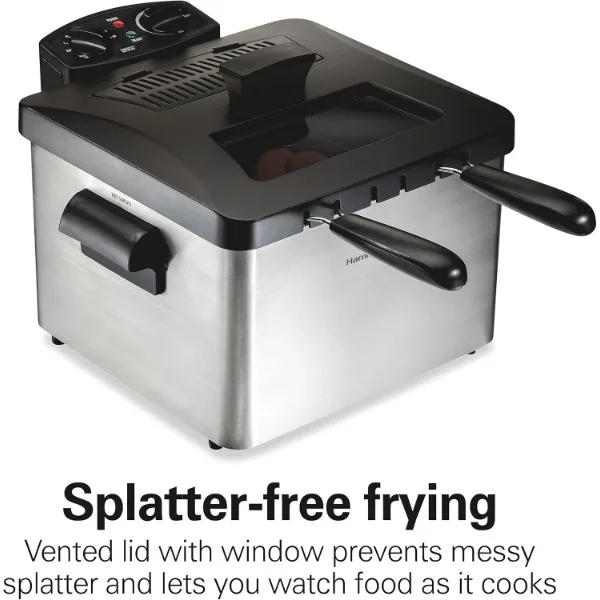 Hamilton Beach Triple Basket Electric Deep Fryer, 4.7 Quarts / 19 Cups Oil Capacity, Lid with View Window, Professional Style
