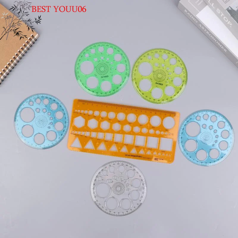 (YOUU06)1/2Pc 원형 그리기 도형 기하학적 그리기 스텐실 도구 다기능 템플릿 플라스틱 측정 자