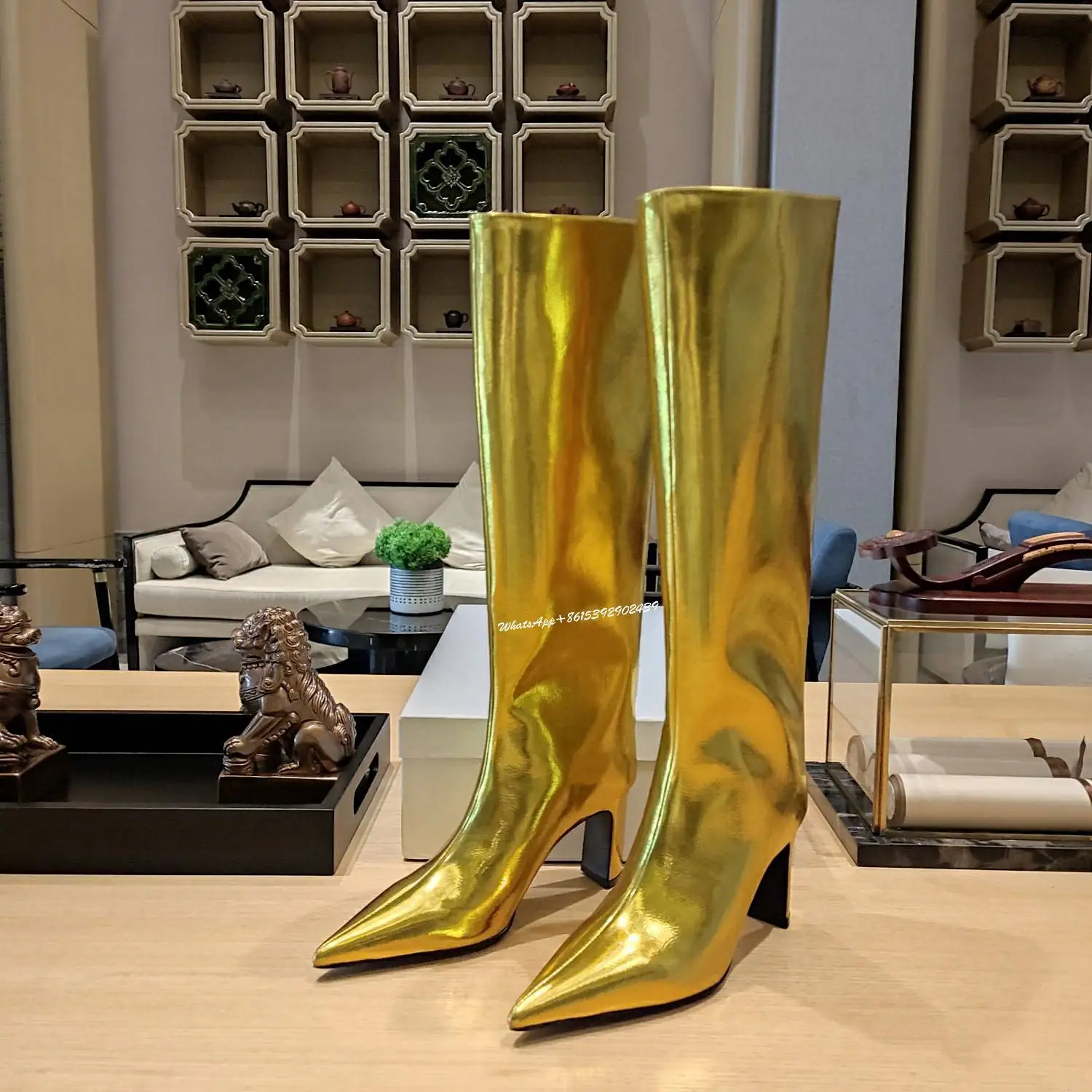 

Luxury Gold Mirror Leather Boots Women Pointed Toe Simple Black Knee Calf Booties Thick Heel Slip Winter Heels Brand Design Shoe
