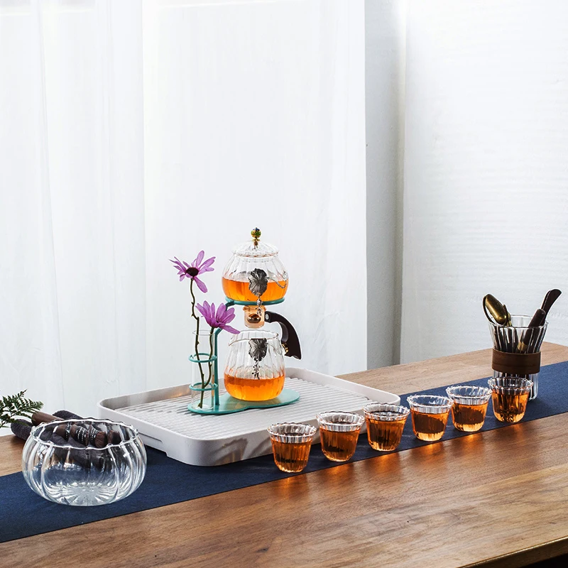 Creative flower arrangement Teapot Glass Lazy Automatic Tea Making Household Black Tea Set Infuser Drinking