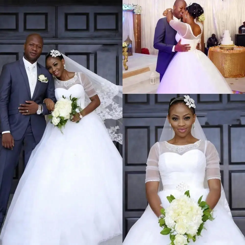 

Charming South African Plus Size Ball Gown Wedding Dresses Sheer Neck Half Sleeves Beaded Crystal Wedding Bridal Gowns With Sash