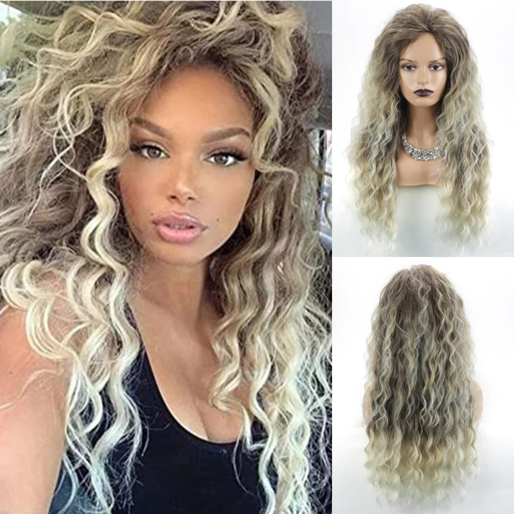 Synthetic 65cm Long Wavy Wigs Ash Brown Blonde Wigs with Side Bangs Curly Fake Hair for Women Cosplay Afro Heat Resistant Wigs 65cm women long wavy curly hair full wig with angled sideswept bangs omber mix black brown wavy cosplay lady hair wig with bangs