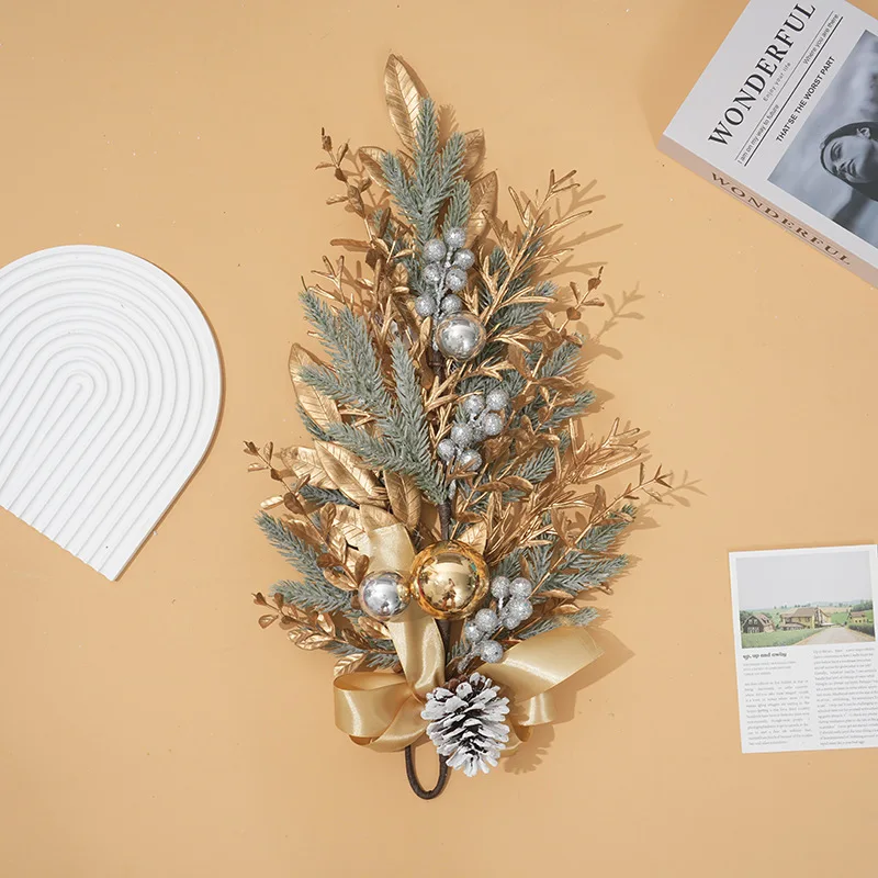 Christmas Wreath Pine Cones Snow Frost Pine Needles Golden Branches and Leaves Electroplated Ball Rattan Circle Door Hanging