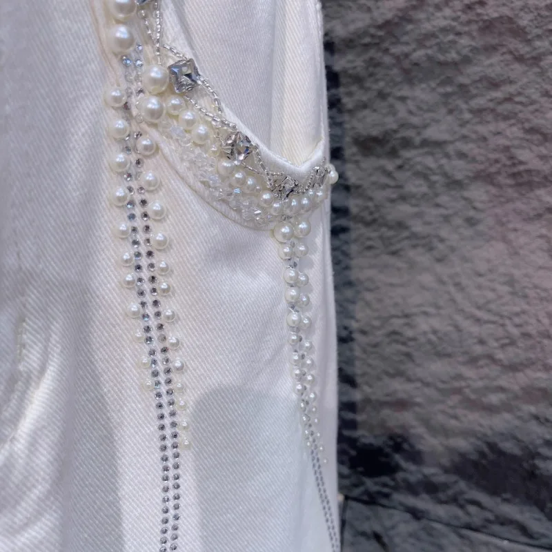 Beige Heavy Handmade Beaded Loose Jeans Women\'s 2024 Spring New Design Sense Fashion Casual Straight Denim Pants Baggy Trousers