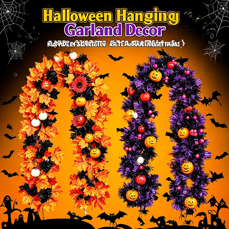 Spooky Halloween Festive Garland with Autumn Leaves and Creepy Ornaments