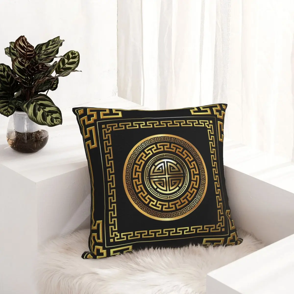 Greek Key Meander Black Gold Large Pillowcase Soft Cushion Cover