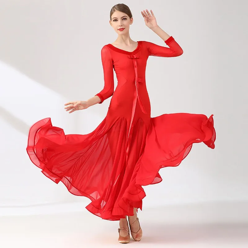 

High Quality Fashion Sexy Women Ladies Practice Wear Long Black Red Ballroom Tango Dress
