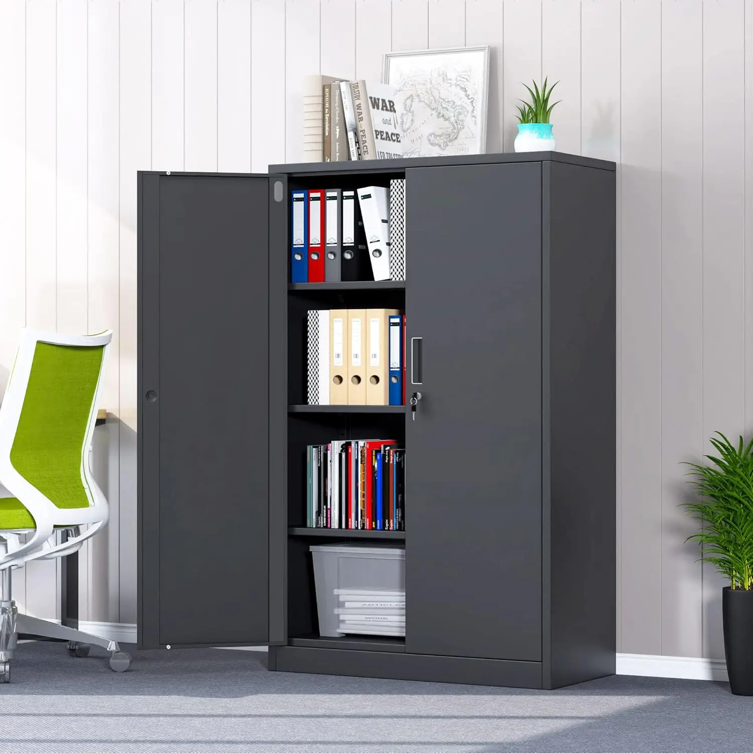 Tool cabinet Metal Storage Cabinet with Locking Doors and 3 Adjustable Shelves 53.5-Inch Lockable Storage Cabinets Black 2