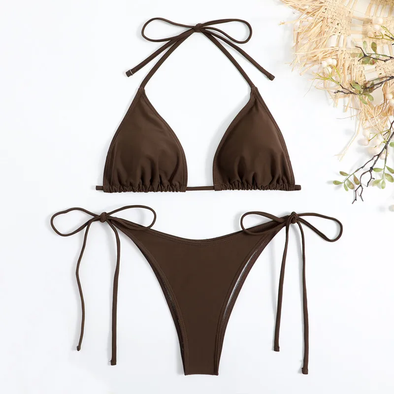 Sexy Brown Bikini Women Halter Neck Solid Black Padded Bra Tie Side Triangle Swimsuit Summer Bathing Two Pieces Suit Swimwear