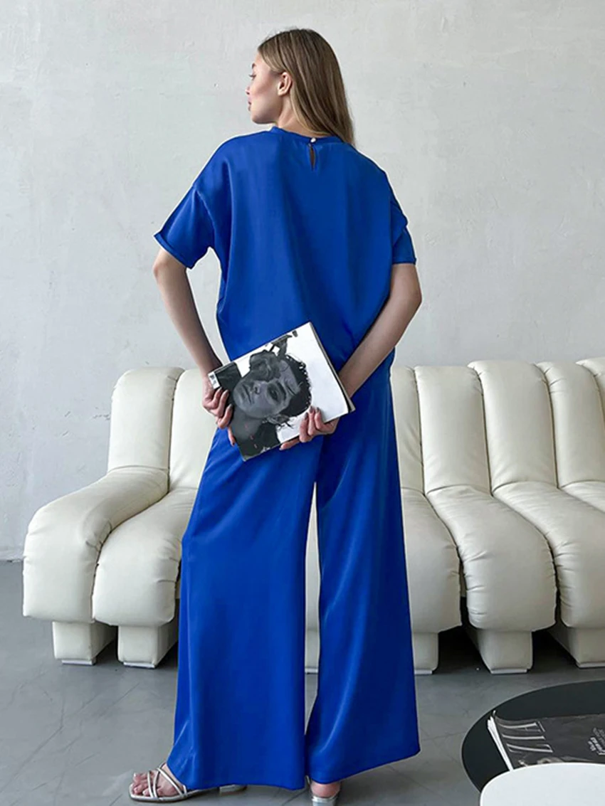 Marthaqiqi Casual Women'S Nightwear Suit Half Sleeve Sleepwear O-Neck Nightgowns Wide Leg Pants Loose Ladies Pajamas 2 Piece Set