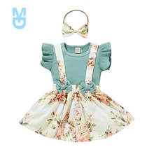 

New 3 Pieces Kids Suit Set Summer Solid Color O-Neck Fly Sleeve Tops+ Floral Suspender Skirt+ Headband for Girl 6 Months-4 Year