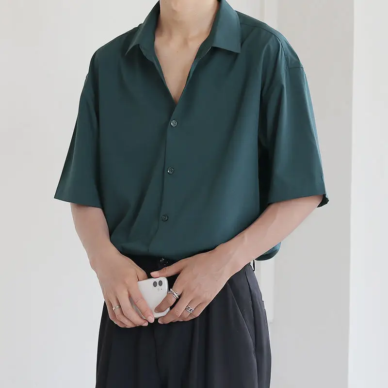 Summer Short Sleeve Shirts for Men Thin Luxury Business Casual Loose All-match Dark Green Harajuku Half-sleeved Men Dress Shirt