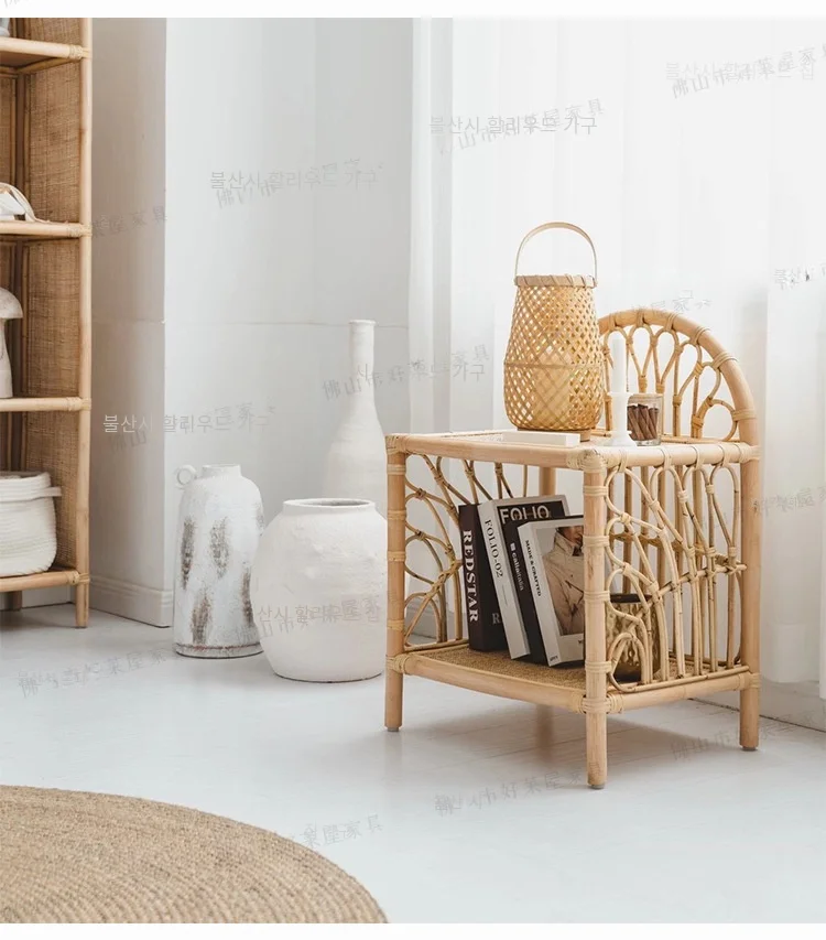Description Picture 5 of itemSimple Rattan Woven Coffee Table Bedroom Sofa Side Table Natural Indonesian Rattan Bedside Table Flexible Mobile Room Desks