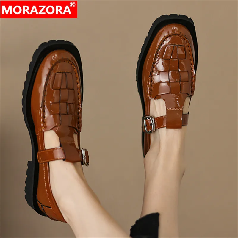 

MORAZORA 2024 New Classics Gladiator Genuine Leather Shoes Woman Buckle Ladies Casual Pumps Square Med Heels Dress Single Shoes