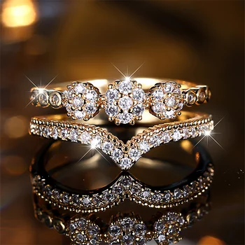 Royal Blue Green Rose Red Black Stone Snowflake Rings For Women Gold Color Metal Round Zircon Crown Wedding Bands Jewelry Gifts