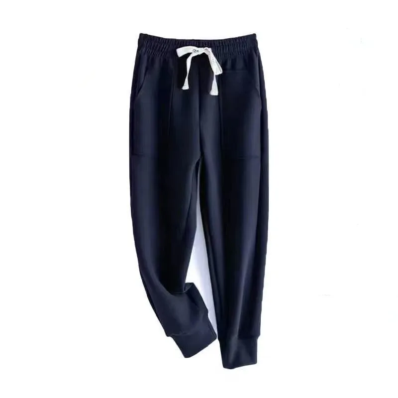 Women's Autumn Winter 2024 New Thick High Waisted Elastic Drawstring Loose Solid Color Pockets Casual Sports Versatile Wei Pants
