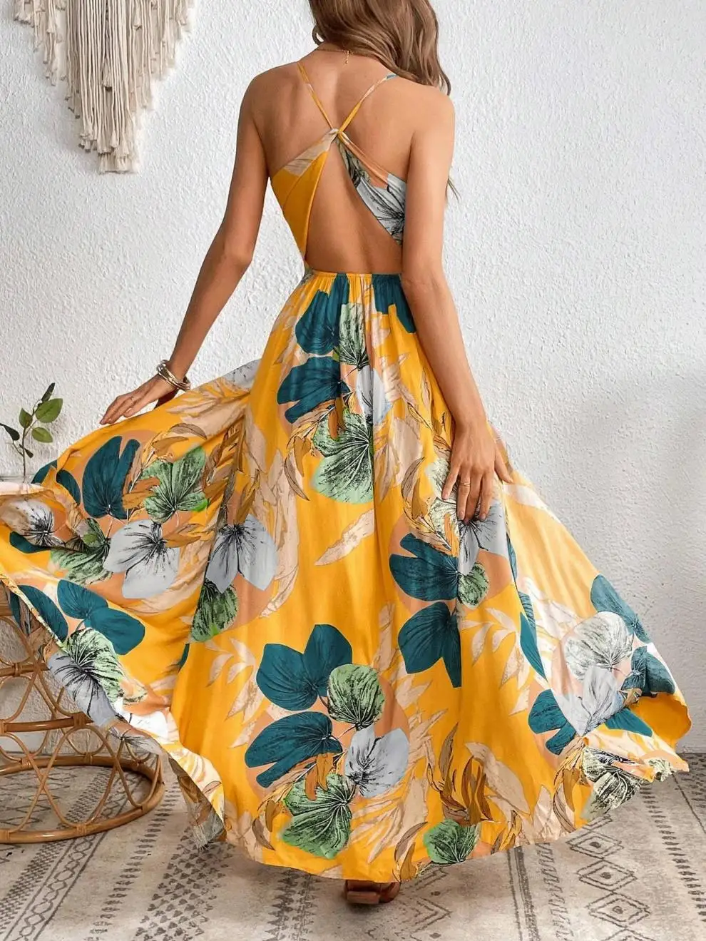 Fashion Flower Print Spaghetti Strap Dresses Women Sexy V-neck Backless Slit Long Dress Bohemian Style Vacation Beach Vestidos