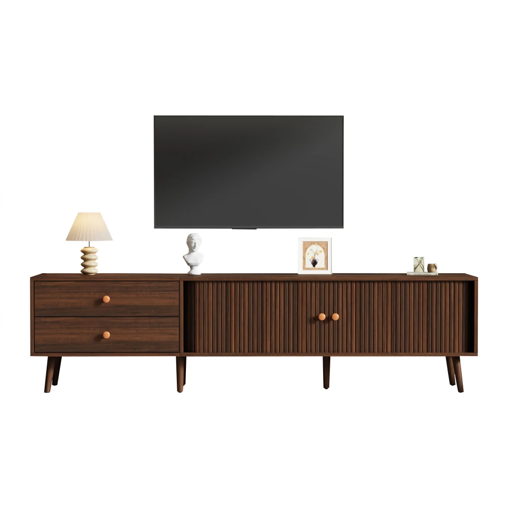 180x40x46,5cm TV-Schrank in Walnussholz-Optik, Fernsehständer mit 2 Schubladen, 2 Rolltüren und 7 Ständern, für Fernseher bis zu 80 Zoll – Detail 12