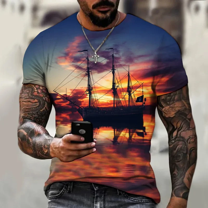 

3D Ship SailBoat Printed T-shirts Pirate Navigation Graphic O Neck Short Sleeve T Shirt Men Oversized Tee Shirt Streetwear Tops