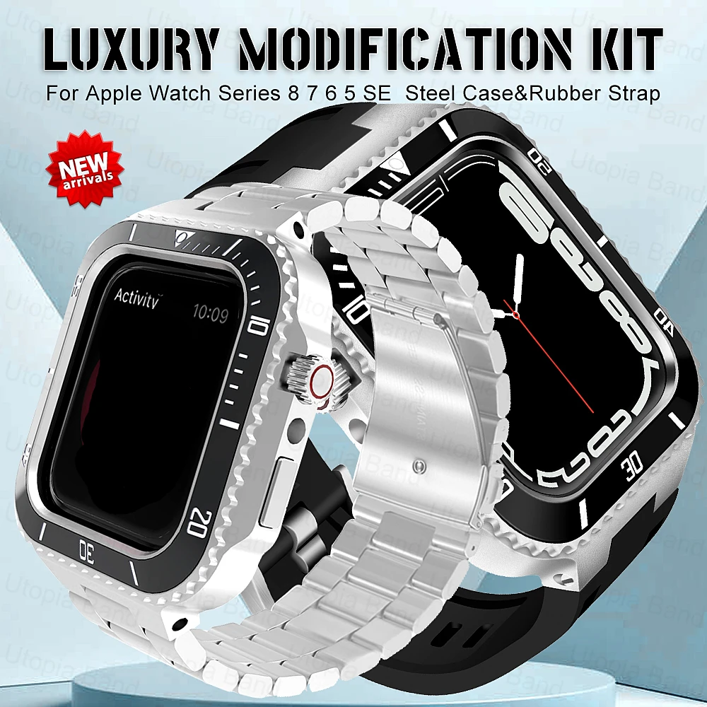 

Modification Kit For Apple Watch Series 8 7 6 5 SE Metal Bezel Frame Rubber WatchBand For iWatch Stainless Steel Case 45mm 44mm
