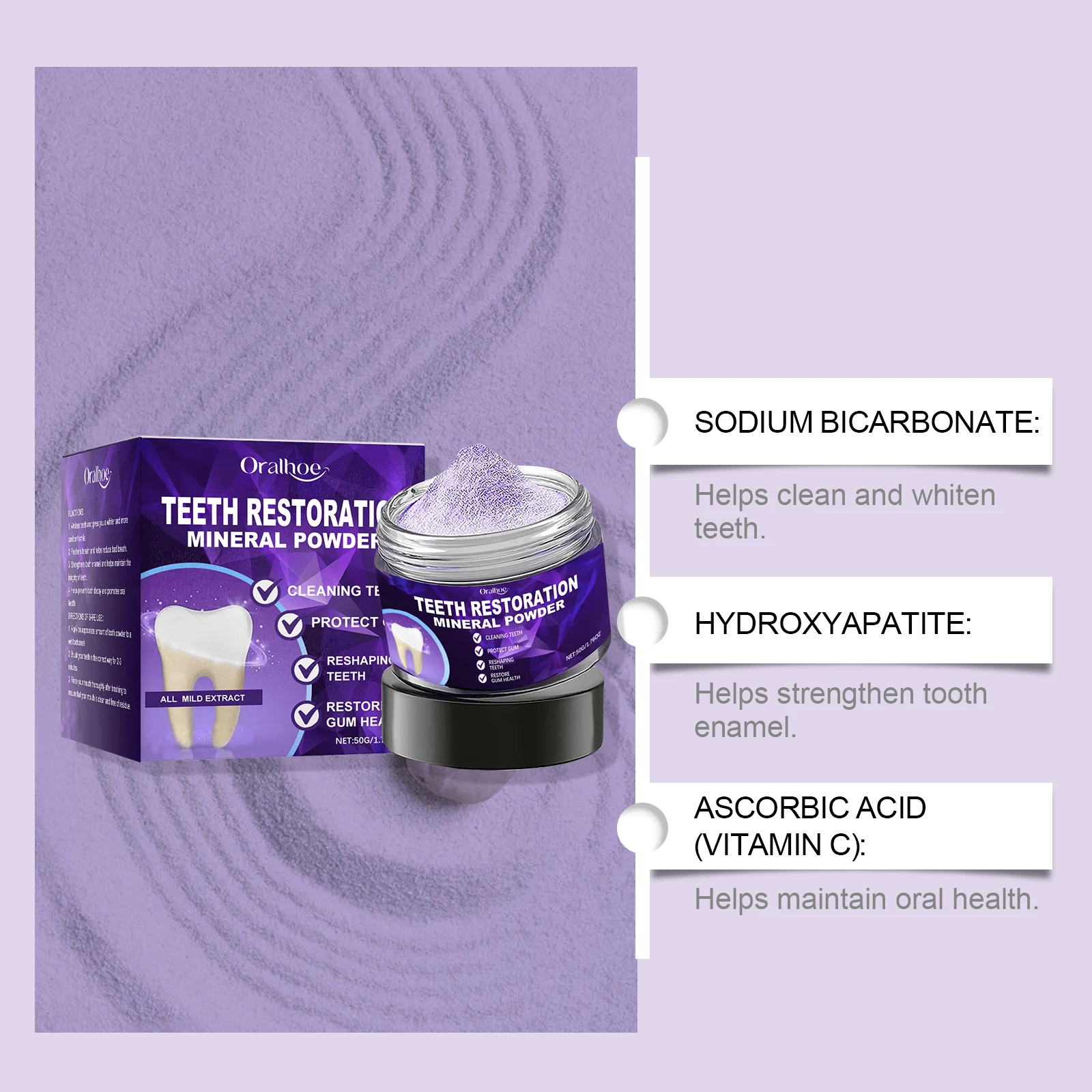 Oralhoe 50g Purple Tooth Whitening Powder Remove Plaque Stains Calculus Bad Breath Yellow Stain Oral Hygiene Cleaning Tooth Care