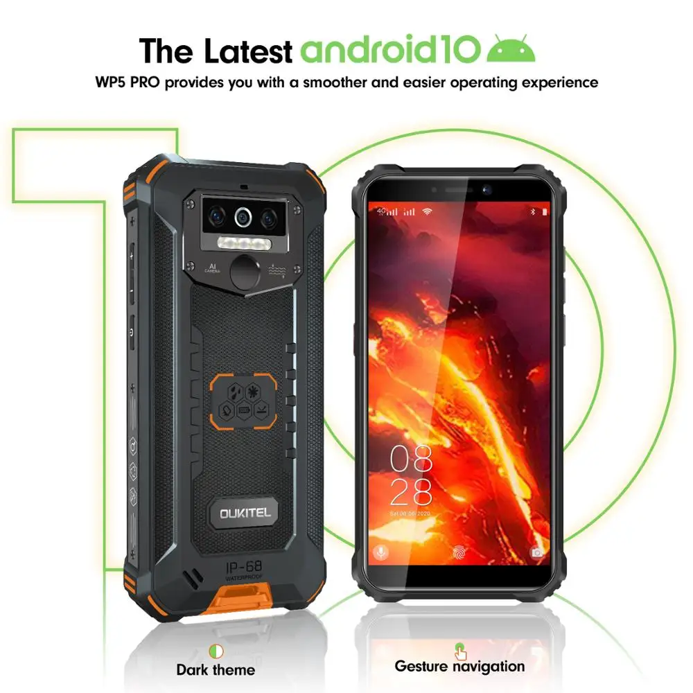 OUKITEL WP5 Pro IP68 Rugged Smartphone 4GB 64GB 8000mAh 5.5"HD+ Octa Core Android10 Mobile Phone 13MP Triple Camera Cell Phone 3