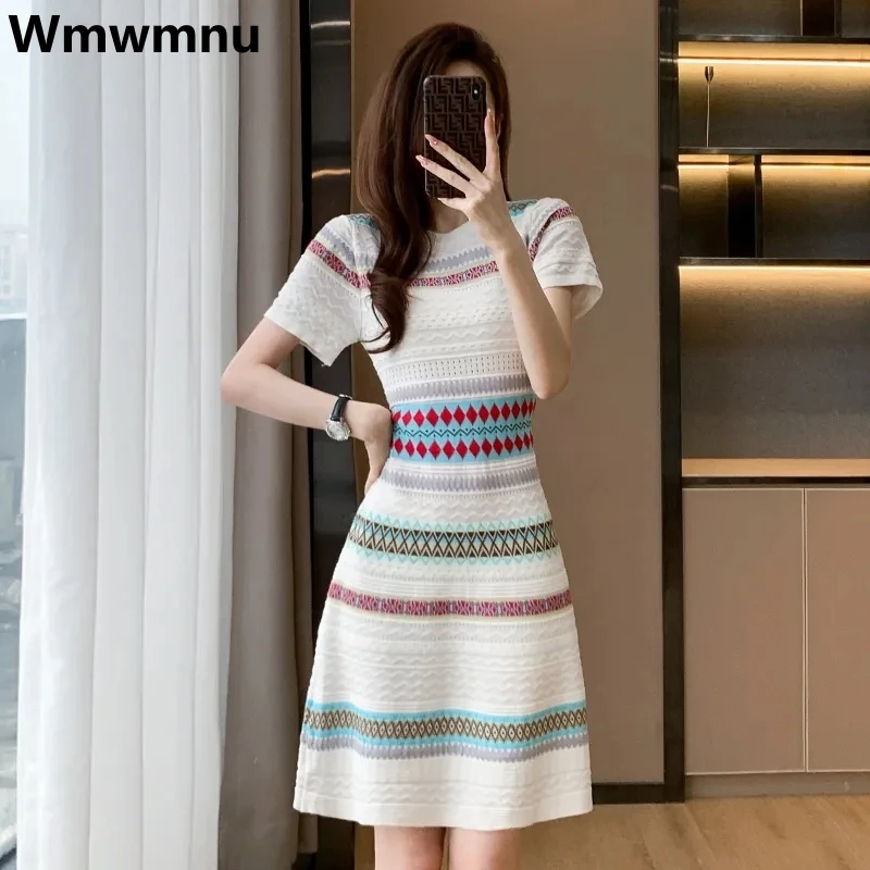 

Vintage Slim Short Sleeve Knitted Dress Summer Women Elegant Vestidos Casual Knitwear Kleid 2024 Korean Fashion Dresses