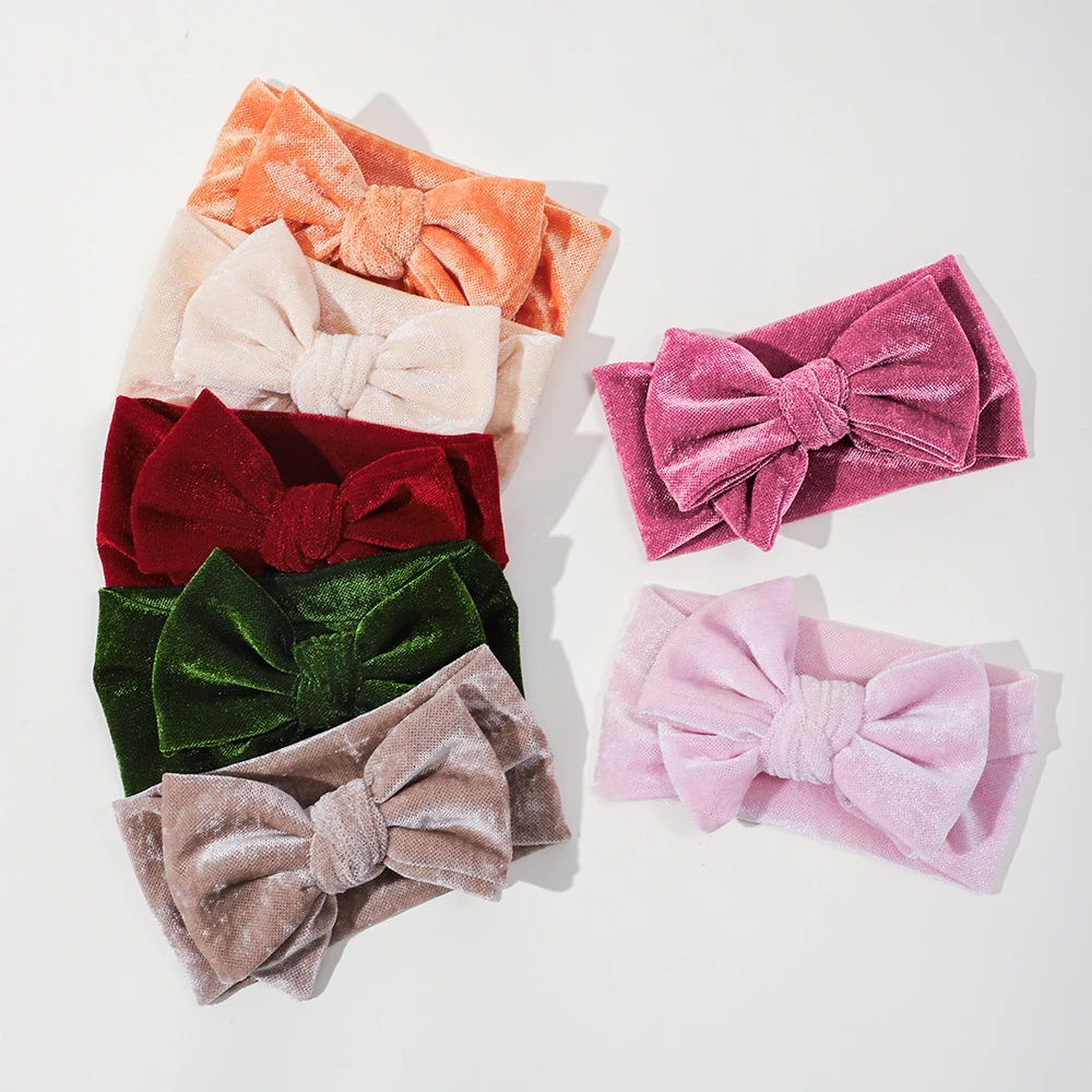 Baby Girls Headbands Elastic Soft Nylon Velvet Bow Headband For Newborn Handmade Bow Turban Infant Hair Accessories Headwear 2