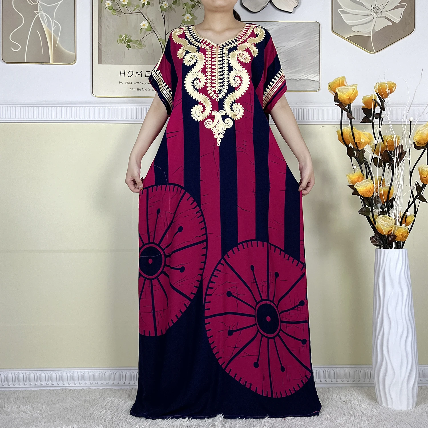 2024 New Style Summer Loose Short Sleeve Dress African Dashiki Pattern Printing Soft Cotton Woman Elegant Maxi Islam Lady Abaya