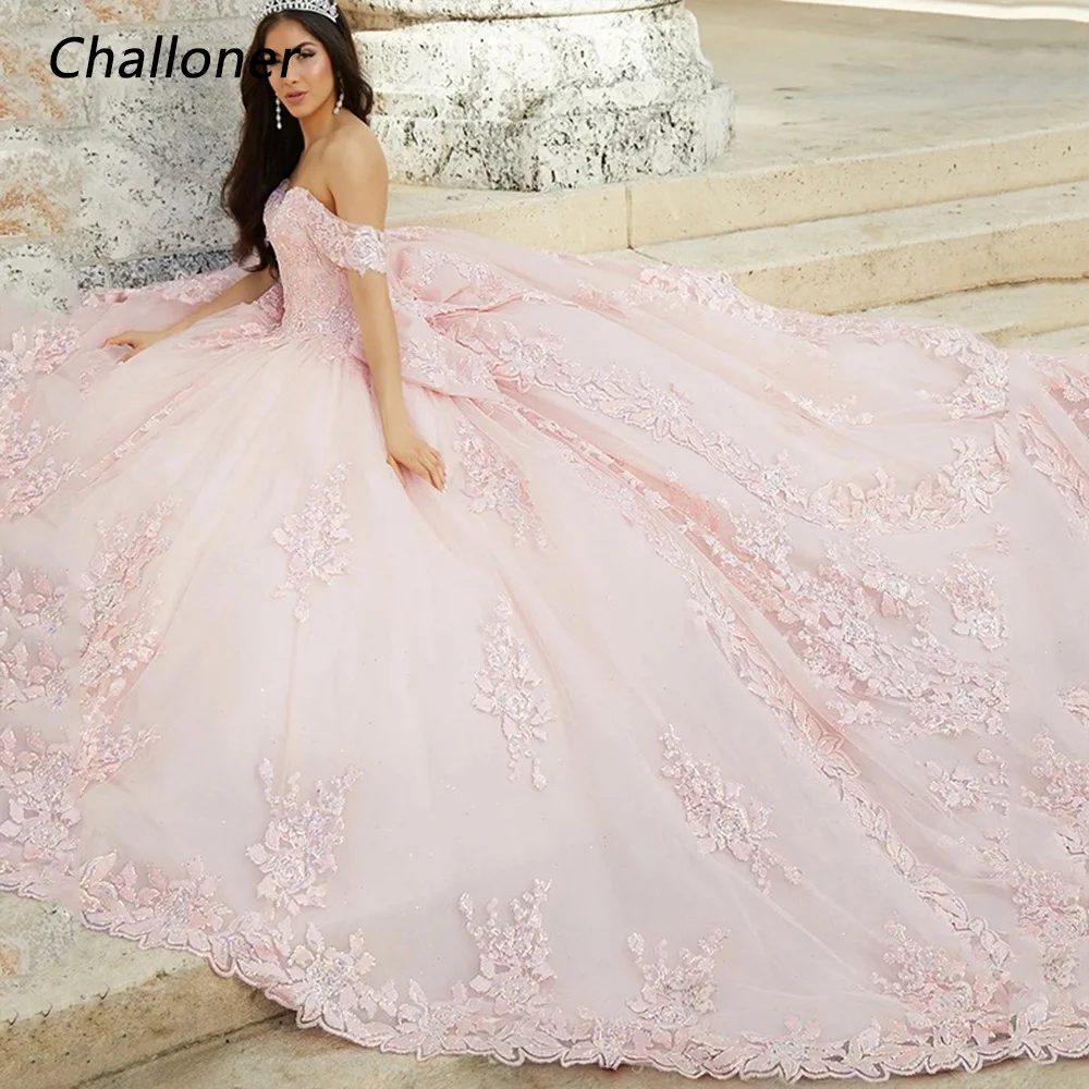 Challoner Sweetheart Quinceanera Dresses Off The Shoulder Appliques Lace Up Back Floor Length Prom Gown Bow vestidos de fiesta