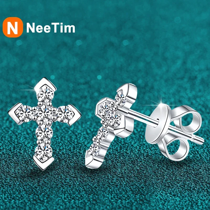 2mm Full Moissanite Cross Stud Earrings 925 Sterling Silver Wedding Party Jewelry with GRA Certificate Gifts For Women NeeTim stud earrings