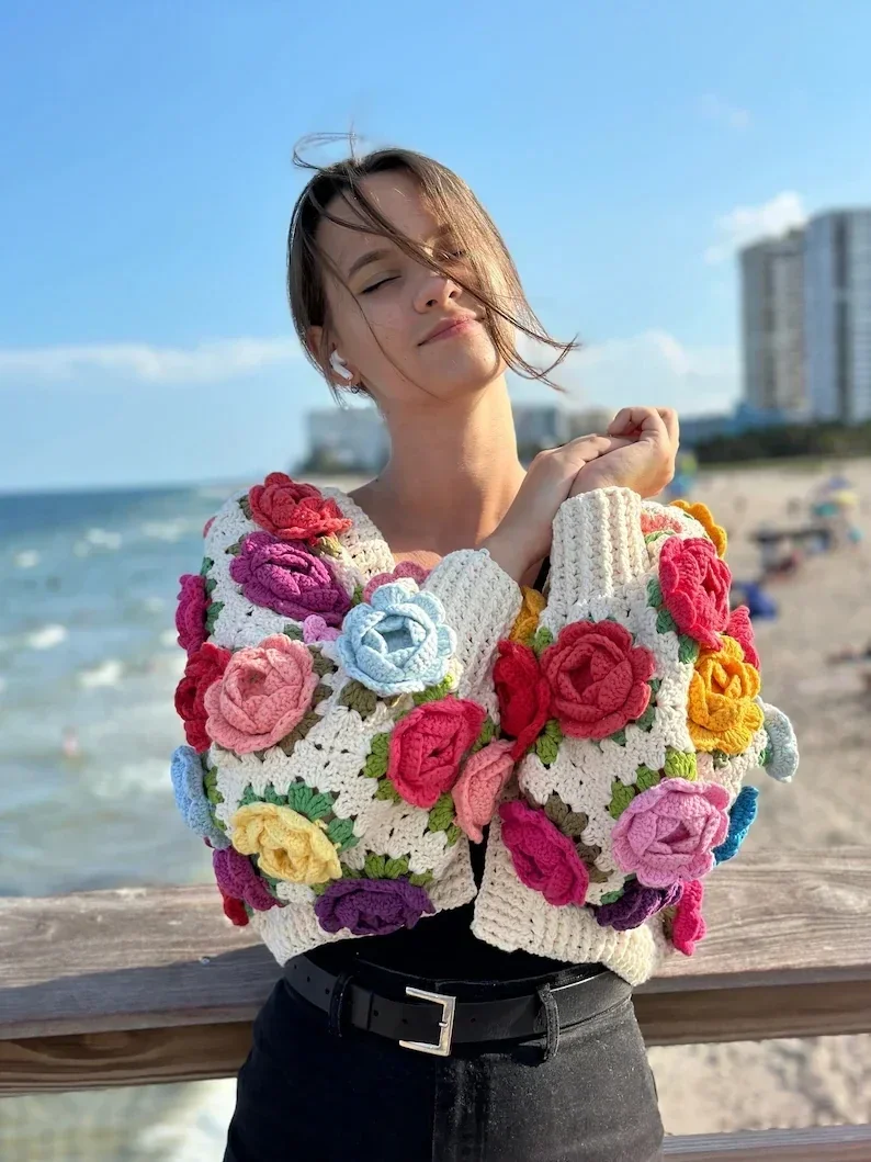 トップス TreatUrself Rose flower motif cardigan 10月上旬発送】Leopard Rose flower motif knit cardigan