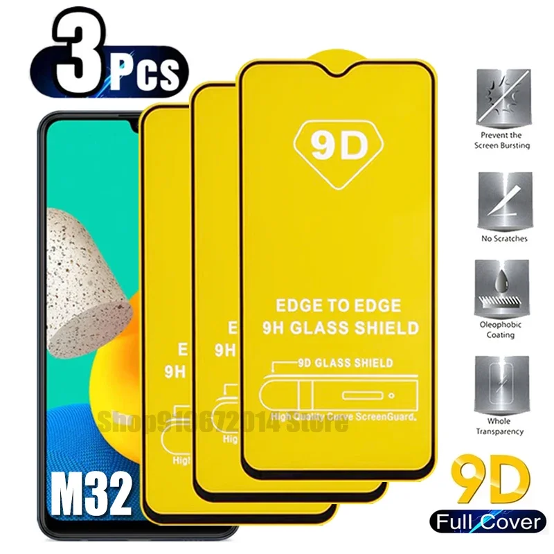 

3PCS 9D Full Cover Glass For Samsung Galaxy M14 M54 M62 M13 M33 M32 M53 M23 M31S Glass Screen Protectors For Samsung F62 M21 M51