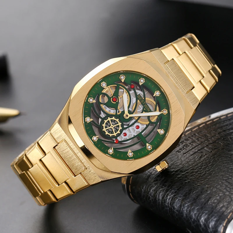 Luxury Men Watch Steampunk Style New Concept Hollow Skeleton Reloj Men's Quartz Wristwatch Sports Diamond Gold Watches Man Clock