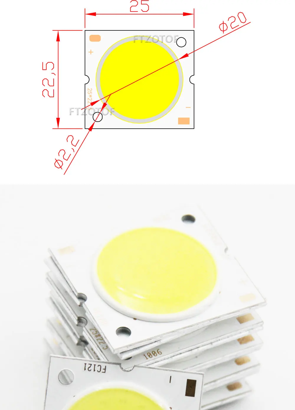 Description Picture 2 of itemFTZOTOF LED COB Light Source 30W 25x23mm Emitting Diameter 20mm Cold Warm Nature White for Down Track Lamp Diode Chip DC 30-33CV