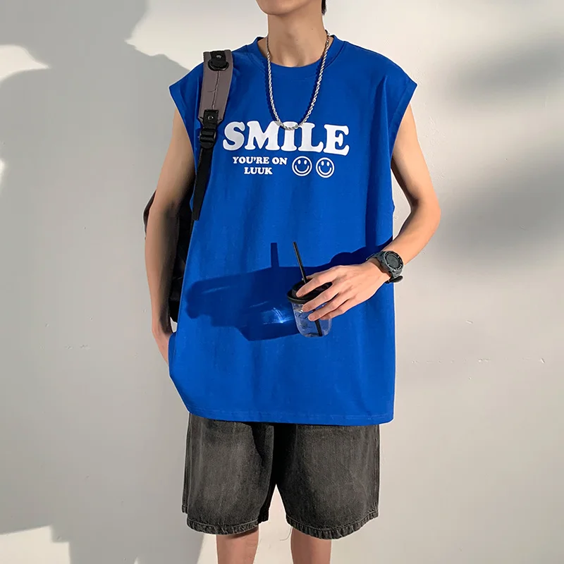 

Elegant Fashion Harajuku Slim Fit Male Clothes Loose Casual Sport All Match T-shirts O Neck Pure Cotton Sleeveless Tank Tops