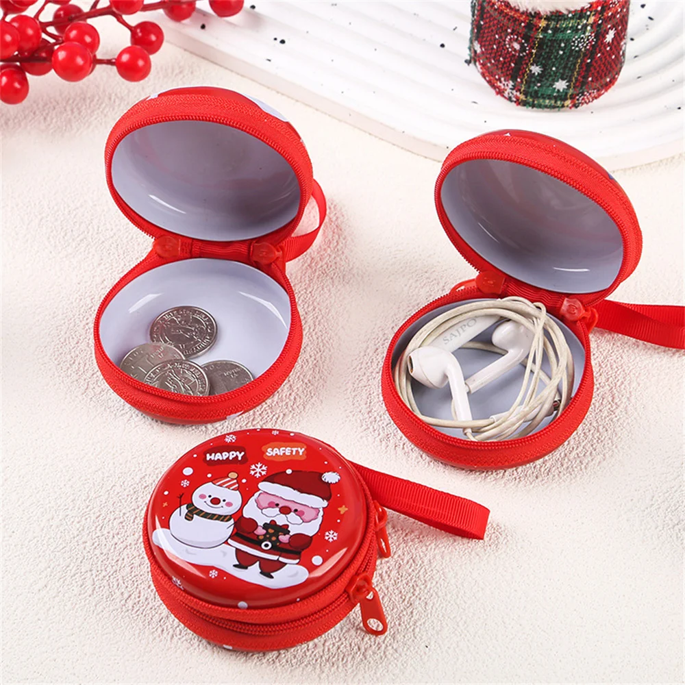 Round Christmas Theme Coin Purse Cute Cartoon Snowman Santa Claus Earphone Case Key Holder New Year's Gift Creative Coin Purse