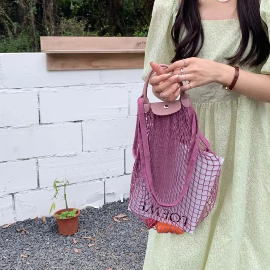 Fashion Mesh Fish Net Women Tote Beach Handbag Summer Branded Large Foldable Portable Grocery Shopper Purses With Leather Handle