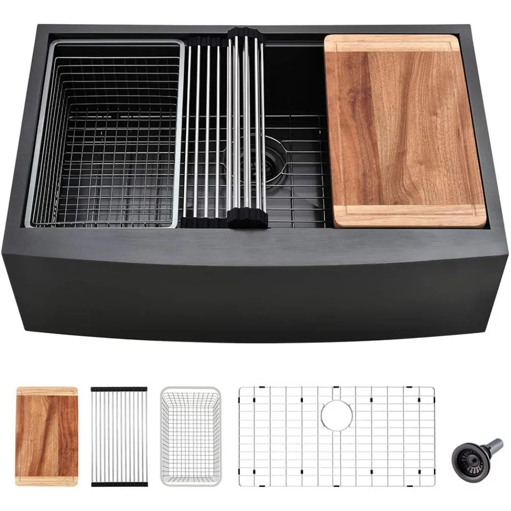 33 Black Farmhouse Kitchen Sink Workstation-VASOYO 33x22 Black Stainless Steel Farmhouse Sink Apron Front Workstation Kitchen