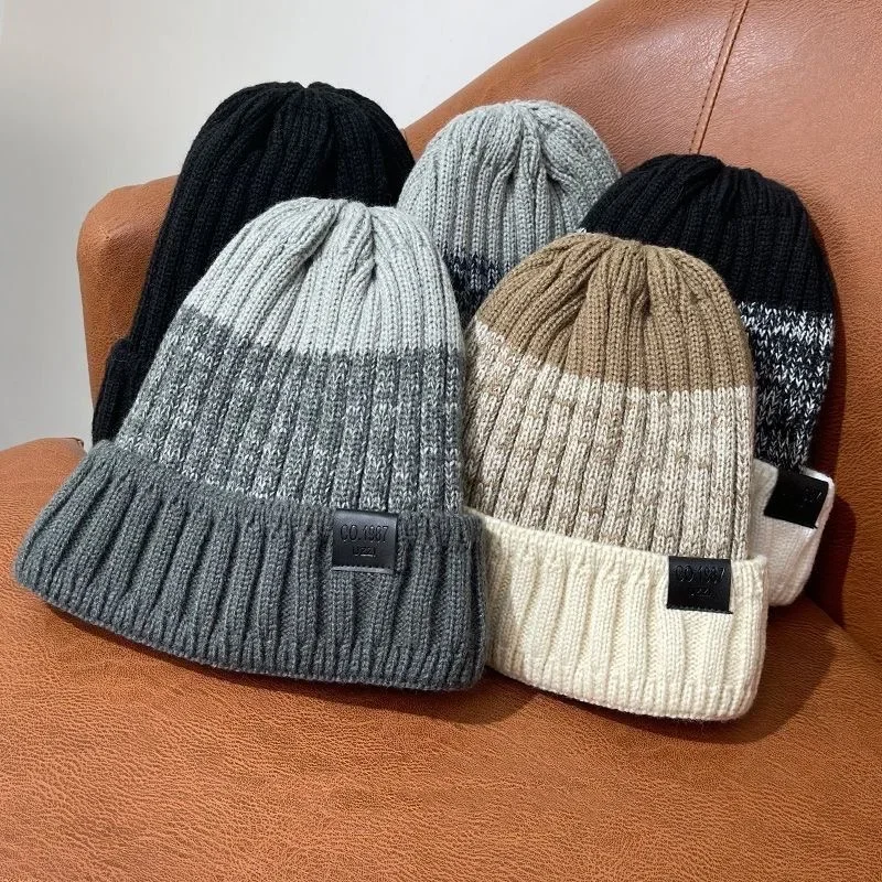 Unisex ColorBlock Winter Hats Add Fur Lined Men Women Keep Warm Beanie Cap Outdoor Decor Winter Knitted Hats