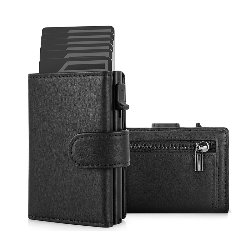 Card Holder Wallet Slim Minimalist Pop Up Leather Men Wallets RFID Blocking Metal Bank Card Case