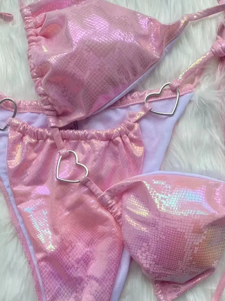 ☆人気【GLOSSYPAGE】☆Glossy Heart Halterneck Bikini☆Pin.k 2023 New Shiny Love Metal Halter Mini Pink Bikini Female