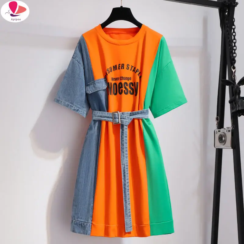 

Summer Patchwork T Shirt Dress Women Korean APIPEE Causal Party Dress Sashes Streetwear Fake Two Piece Dress M-4XL