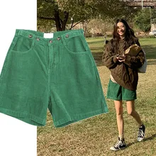 

Green Corduroy Shorts Pants Women Button Pockets Casual Solid Waist Loose Five Points Trouser Plus Size Shorts Women Korean